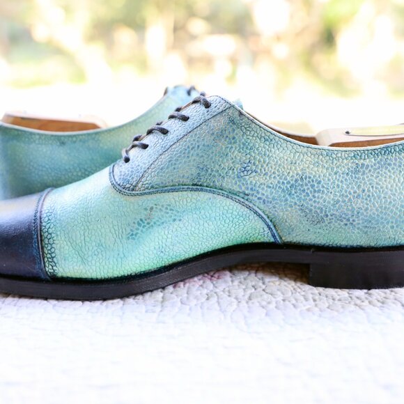 Crockett & Jones Barneys 9.5-D Pebbled Blue Multicolor Captoe Oxford - Picture 9 of 16